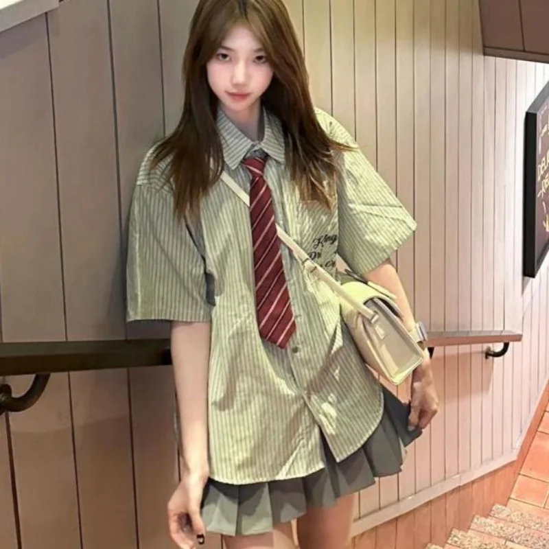 Oversized Short Sleeve Tie Shirts Japanese Preppy Style Green Striped Single Breasted Shirt Summer Casual Y2K E-girl Lovers Coat