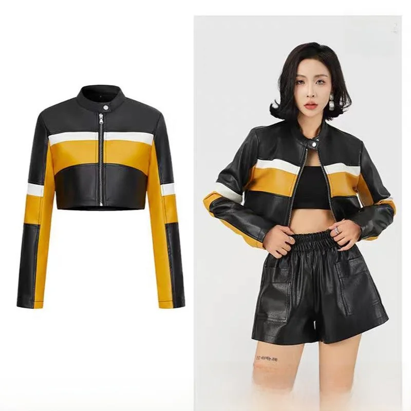 Sexy ort PU cuir Jaet femmes coupe ajustée col montant contraste couleur épissage moto Sle Faionable Biker manteau