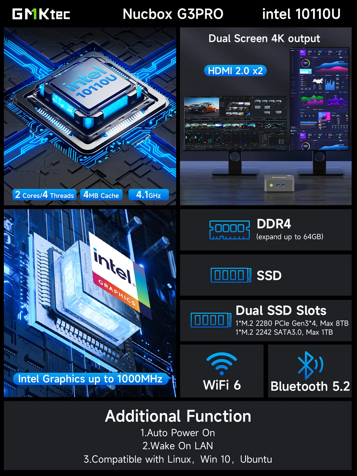 GMKtec G3 Pro Desktop PC Intel Core I3-10110 Mini PC 2-core 4