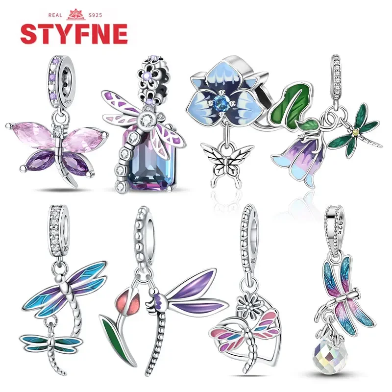 Springtime 925 Silver Gem Butterfly Dragonfly Flowers Charms Pendant S925 Original Bracelets DIY Jewelry Gift for Women