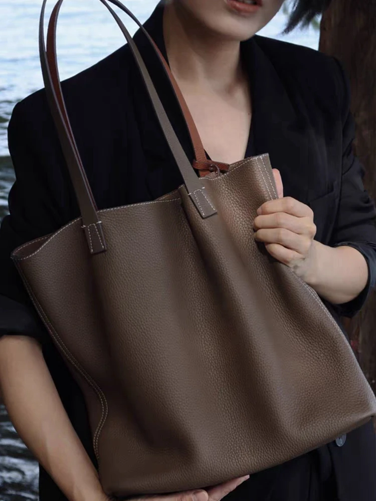 

Grey Fashion Simple Genuine Leather Women Tote Bucket Bag\Handbag Real Cowhide Leather Lady Shoulder Underarm Commuter Bag Big