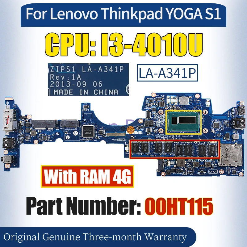 ZIPS1 LA-A341P For Lenovo ThinkPad YOGA S1 Mainboard 00HT115 I3-4010U RAM 4G 100％ Tested Notebook Motherboard