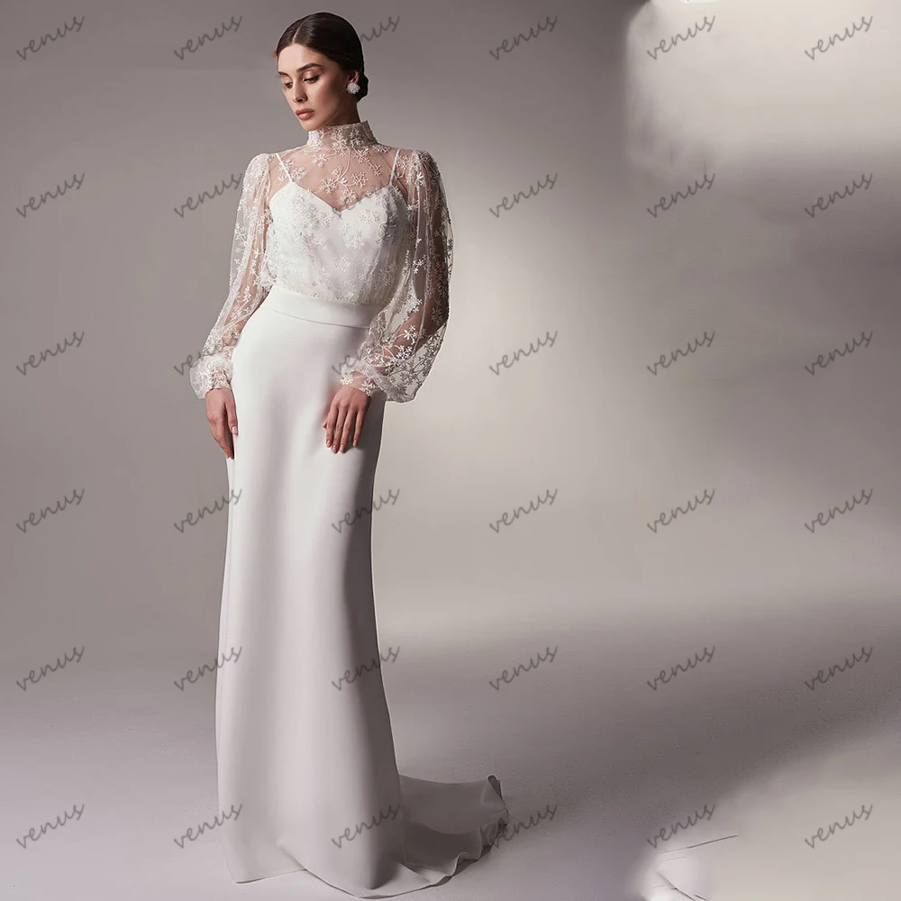 

Graceful Wedding Dresses Satin Sheath Mermaid Lace Appliques Long Puff Sleeves Bridal Gowns Elegant Glamorous Vestidos De Novia