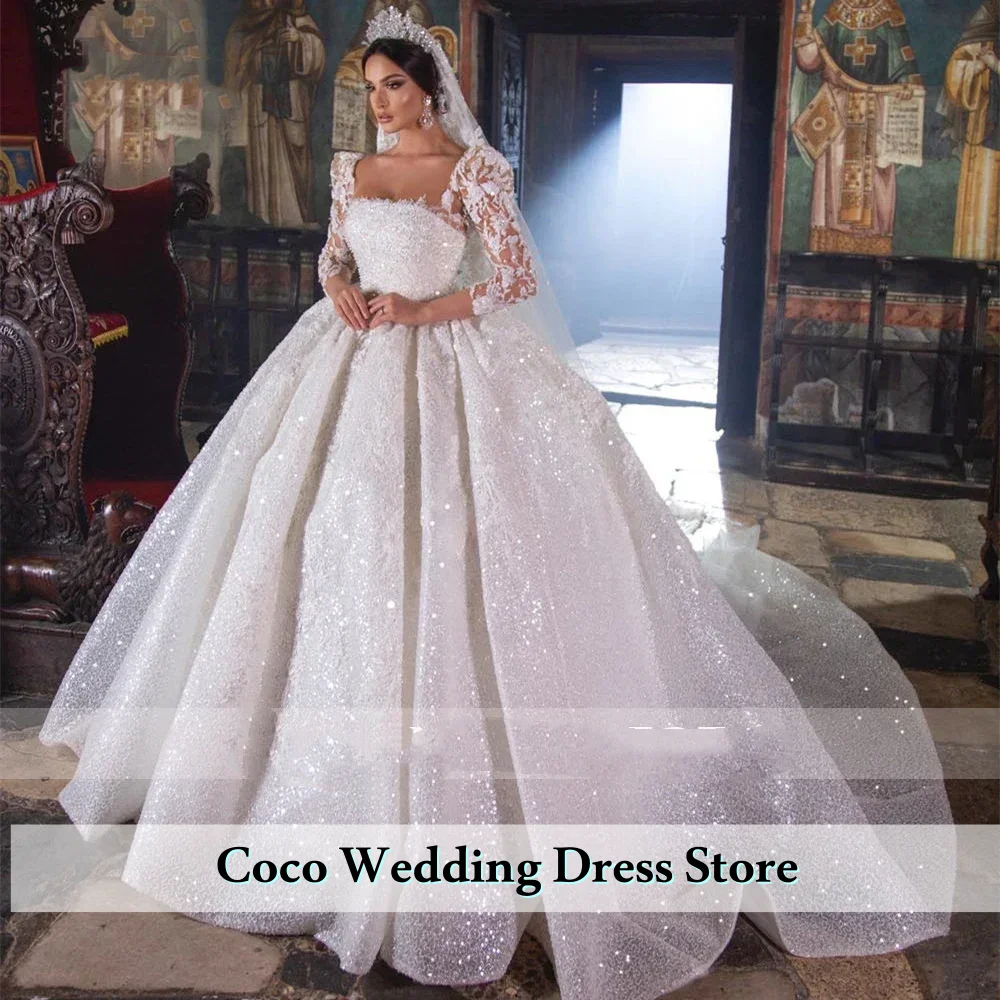 Customized Luxury Ball Gown Princess Wedding Dress Sequins Long Sleeves Backless Lace Ruffles Bridal Gowns Vestidos De Novia