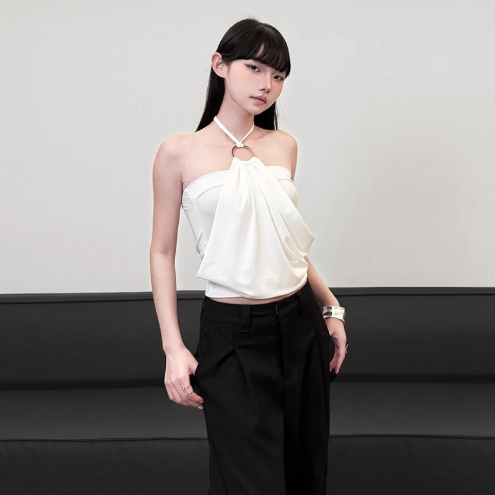 เสื้อกล้ามสไตล์ใหม่ SylCue 2025 สำหรับผู้หญิง แบบผูกคอ ประดับห่วงโลหะ ตัดต่อผ้า โชว์ไหล่ โชว์หลัง แฟชั่นสตรีท จับจีบ ดีไซน์หรูหรา