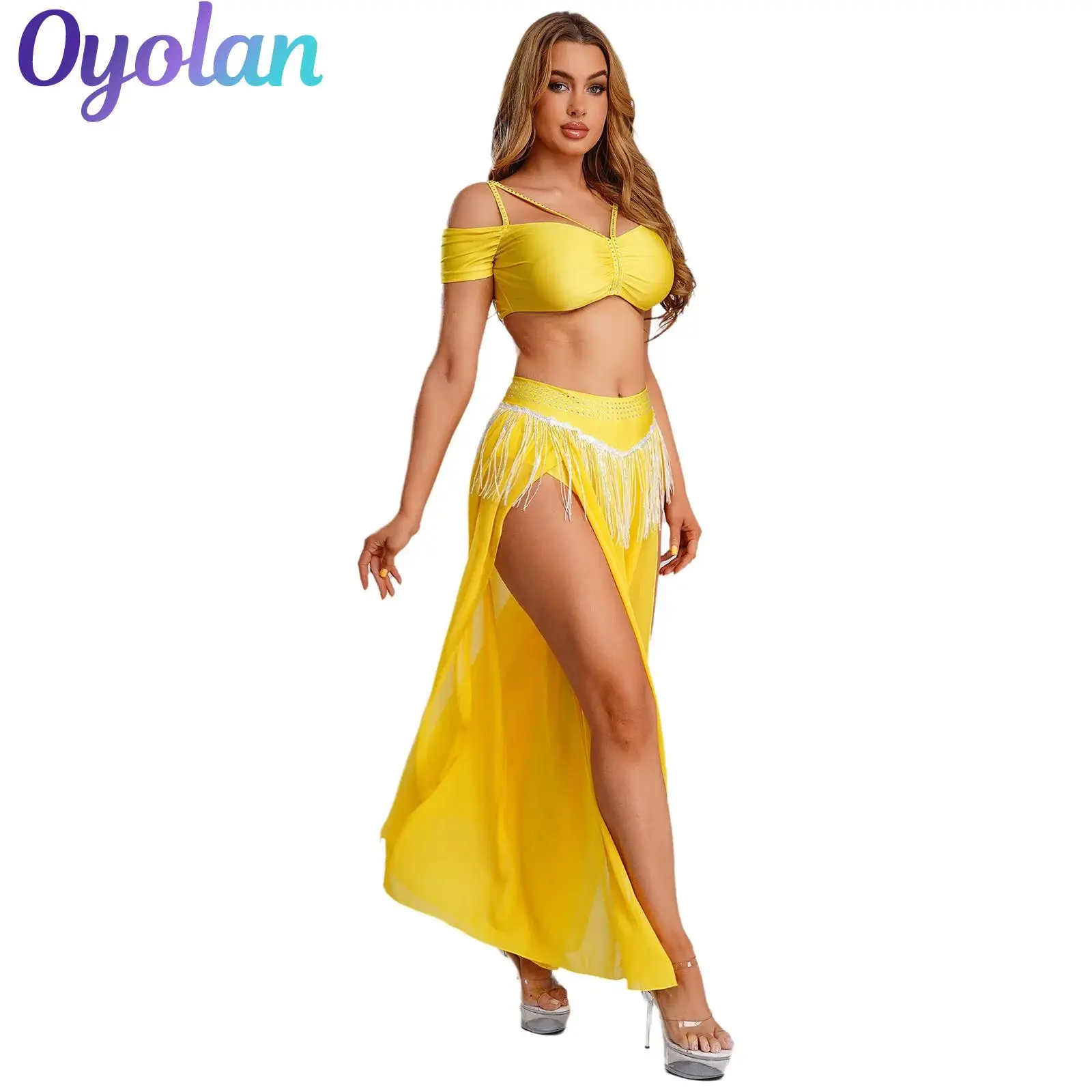 Vêtements de danse orientale pour femmes, Costume de danse du ventre indien, haut court en strass, taille, paillettes, pompon, jambes fendues, culottes, pantalons à jambes larges