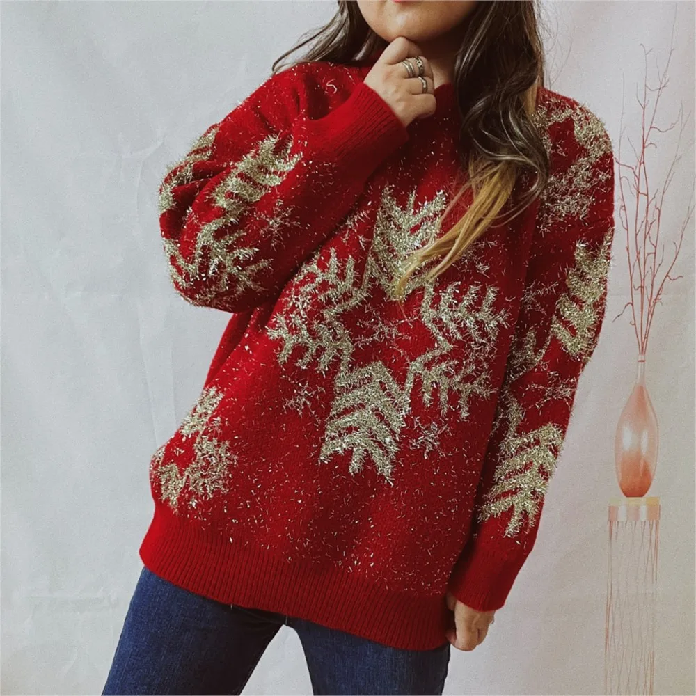 Loose Gold Thread Big Snowflake Christmas Sweater Round Neck Long Sleeve Thickened Pullover For Women Casual Trendy Pulls Femmes