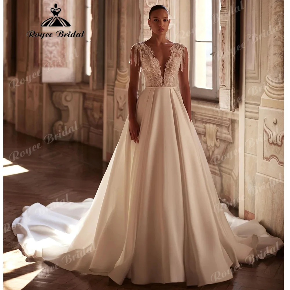 2027 Boat Neck Beaded Fringe Lace Bodice Satin Wedding Dress Illusion Back Cathedral Train Luxury Abiti Da Sposa Customized