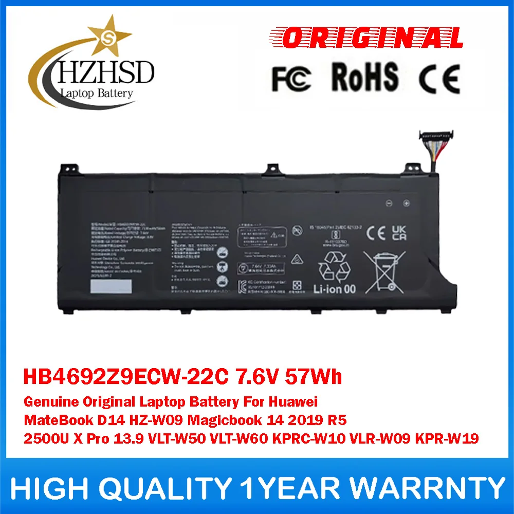 HB4692Z9ECW-22C 7.6V 57Wh Genuine Original Laptop Battery For Huawei MateBook D14 HZ-W09 Magicbook 14 2019 R5 2500U X Pro 13.9