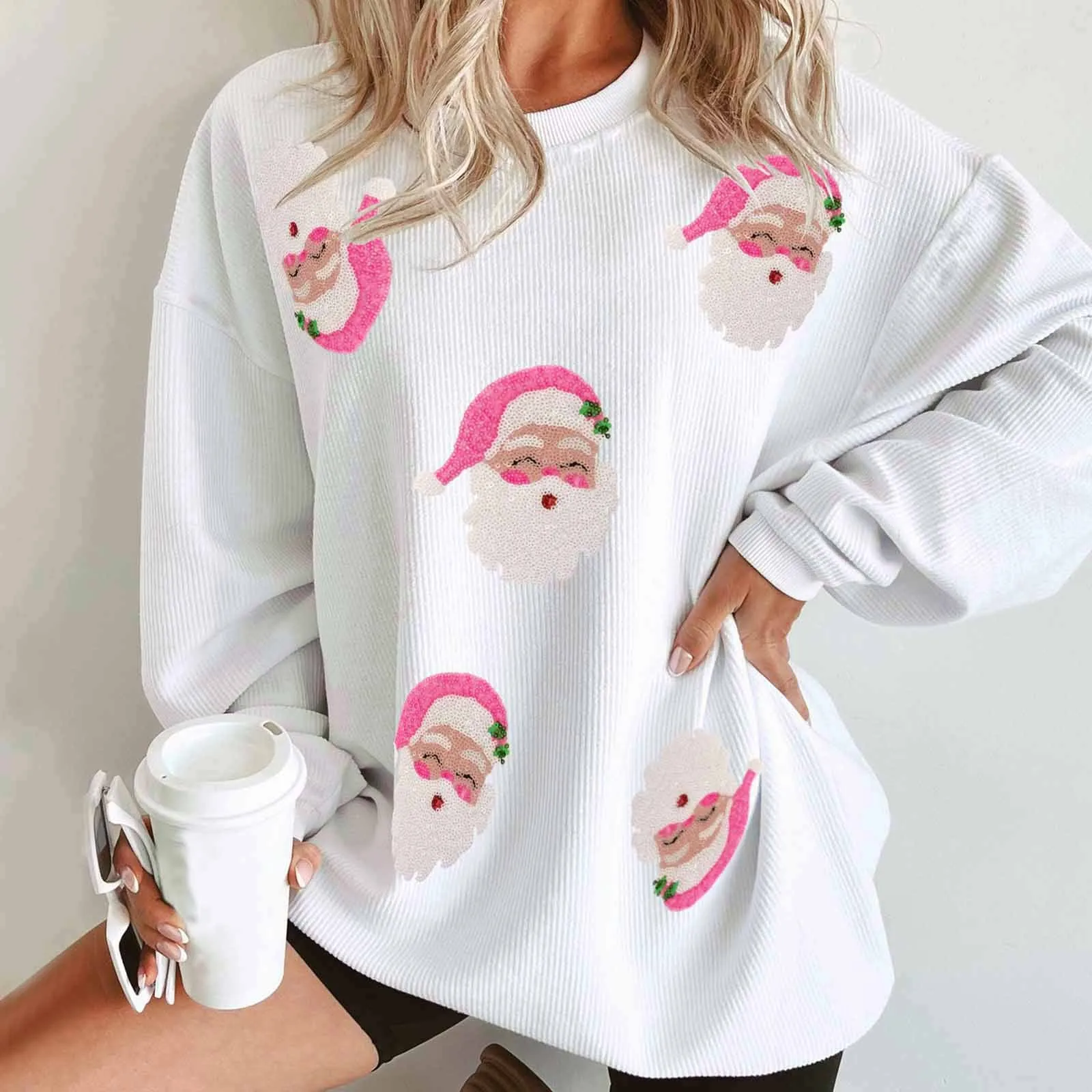 Women Sequin Christmas Print Casual Sweatshirts Cute Cartoon Santa Claus Head Pattern Long Sleeve Crewneck Loose Pullovers Tops