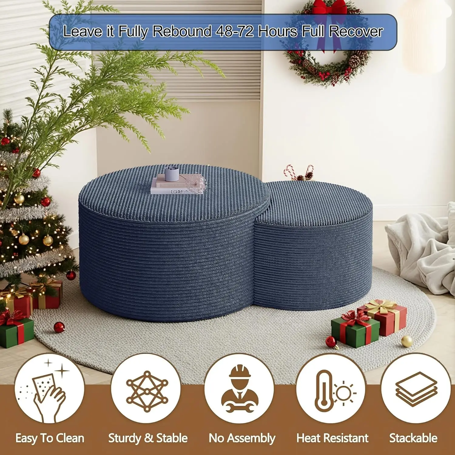 Zestaw 2 stolików kawowych do układania w stos - 32+17 cali, tapicerowane okrągłe stoliki pomocnicze z sztruksu, poduszki pod nogi/stołki do łóżka z piankowym wyściółaniem, niebieskie