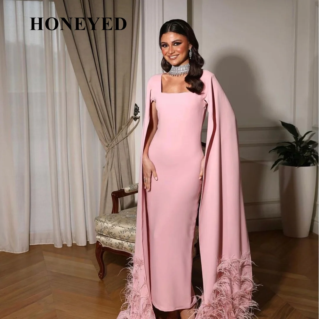 Honeyed 2023 Celebrity Women Wear Ankle Length Prom Dresses Square Neck Feathers Flutter Evening Dress Zipper Back Vestidos De