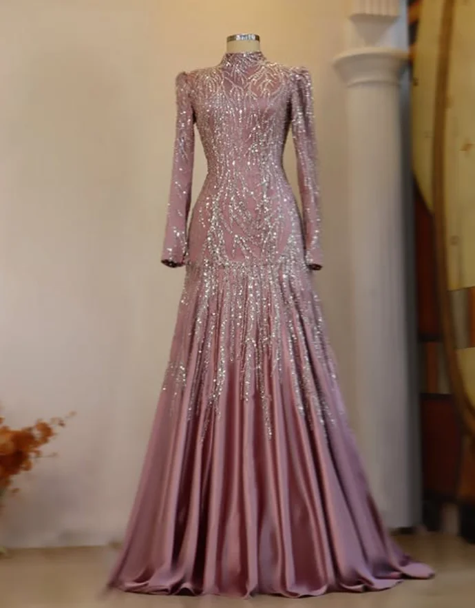 Sparkly Mermaid Evening Formal Dresses Gillter Beaded Applique Long Sleeve Muslim Saudi Prom Gown Outfit Customsized