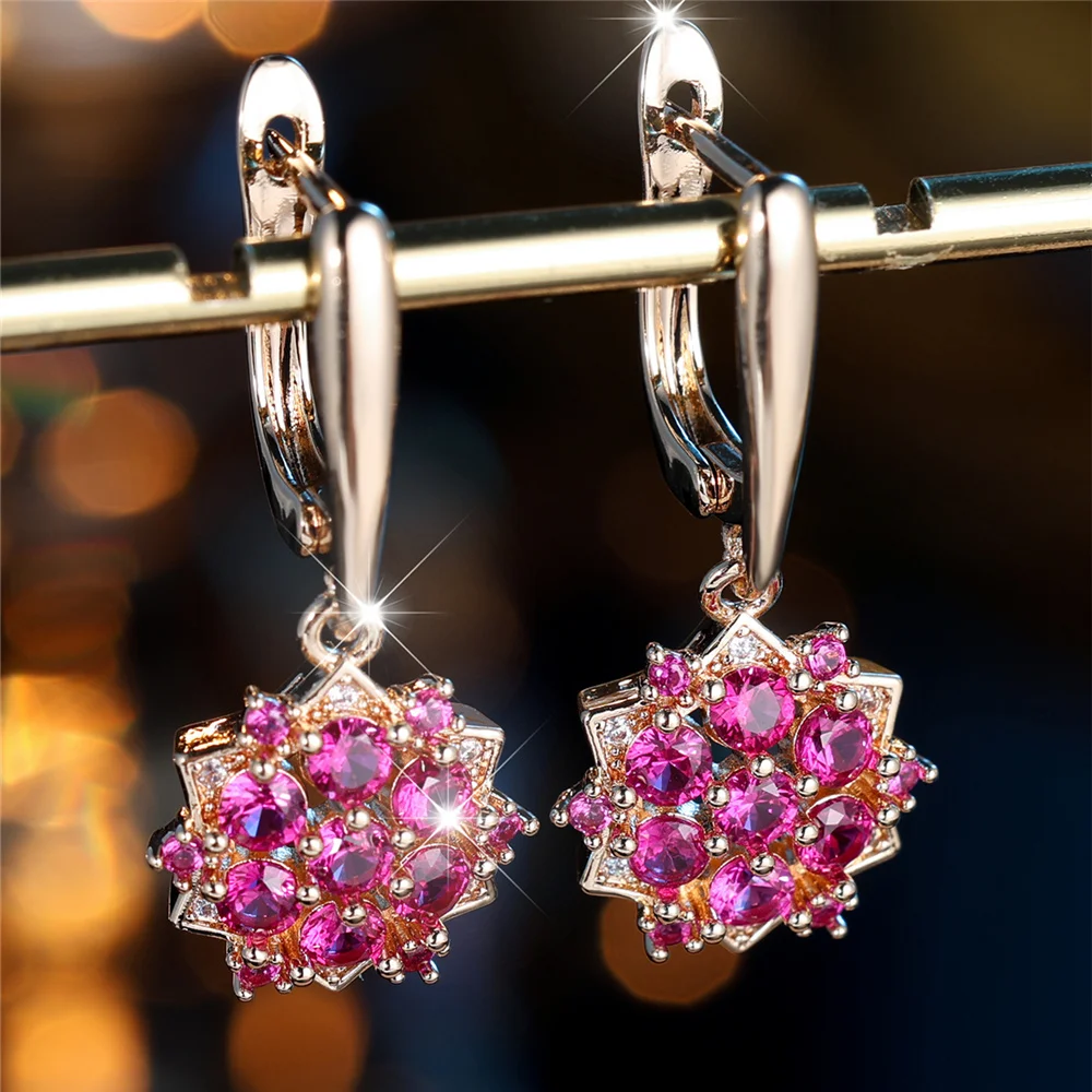 Charm Female Rose Red Zircon Stone Hoop Earrings Gold Color Simple Sunflower Snowflake Wedding Jewelry For Women