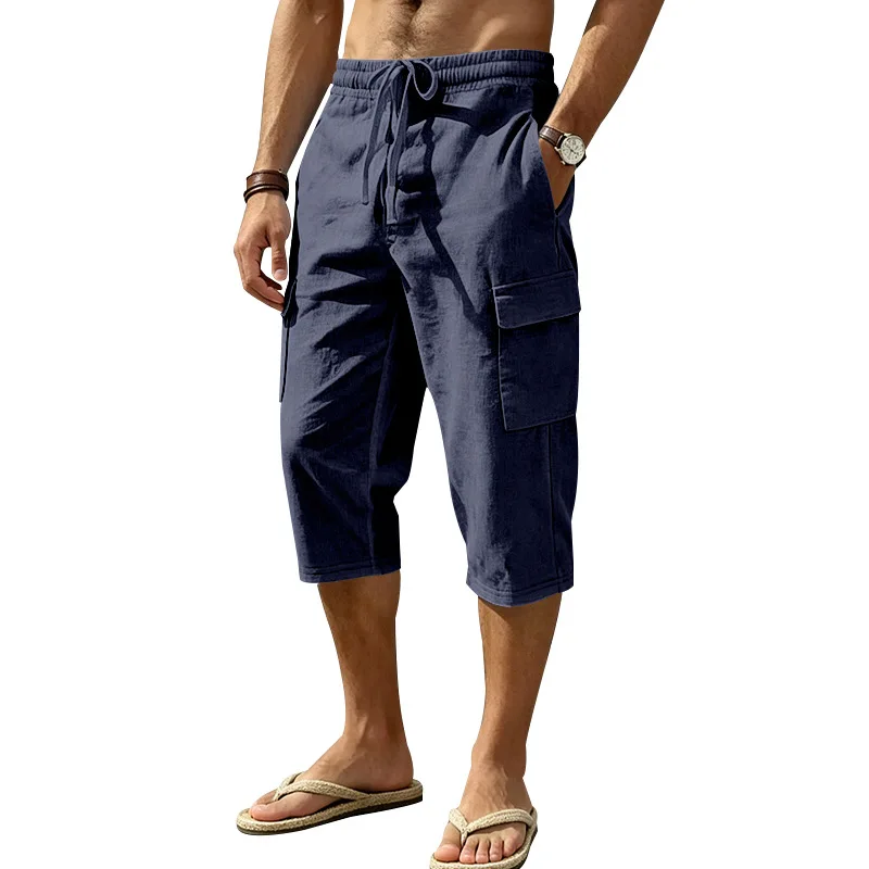 Europäische und amerikanische Sommer-Shorts aus Leinen für Herren, lässig, Outdoor, Arbeitskleidung, Pendler, Sport, Multi-Pocket, 7/8-Länge – Detail 10