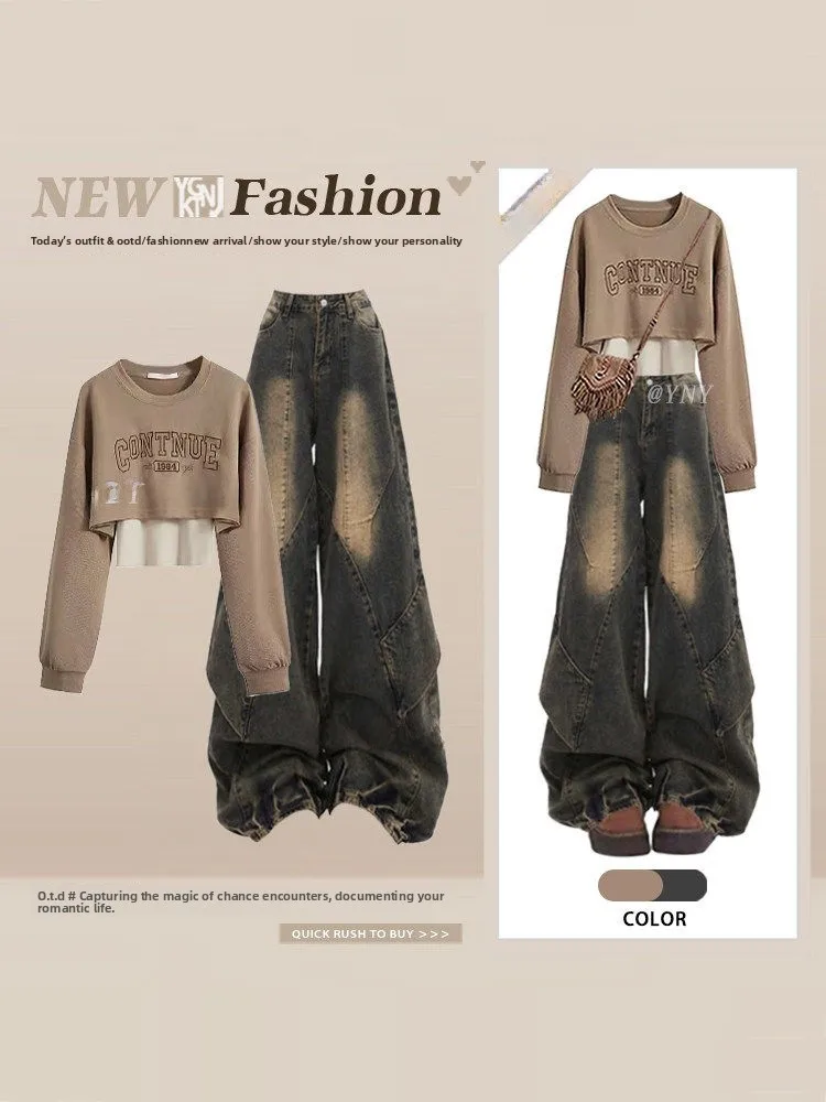 

Ретро-комплект для женщин: свитшот в университетском стиле и джинсы с высокой талией для коррекции фигуры, повседневная одежда для взрослых на весну-осень