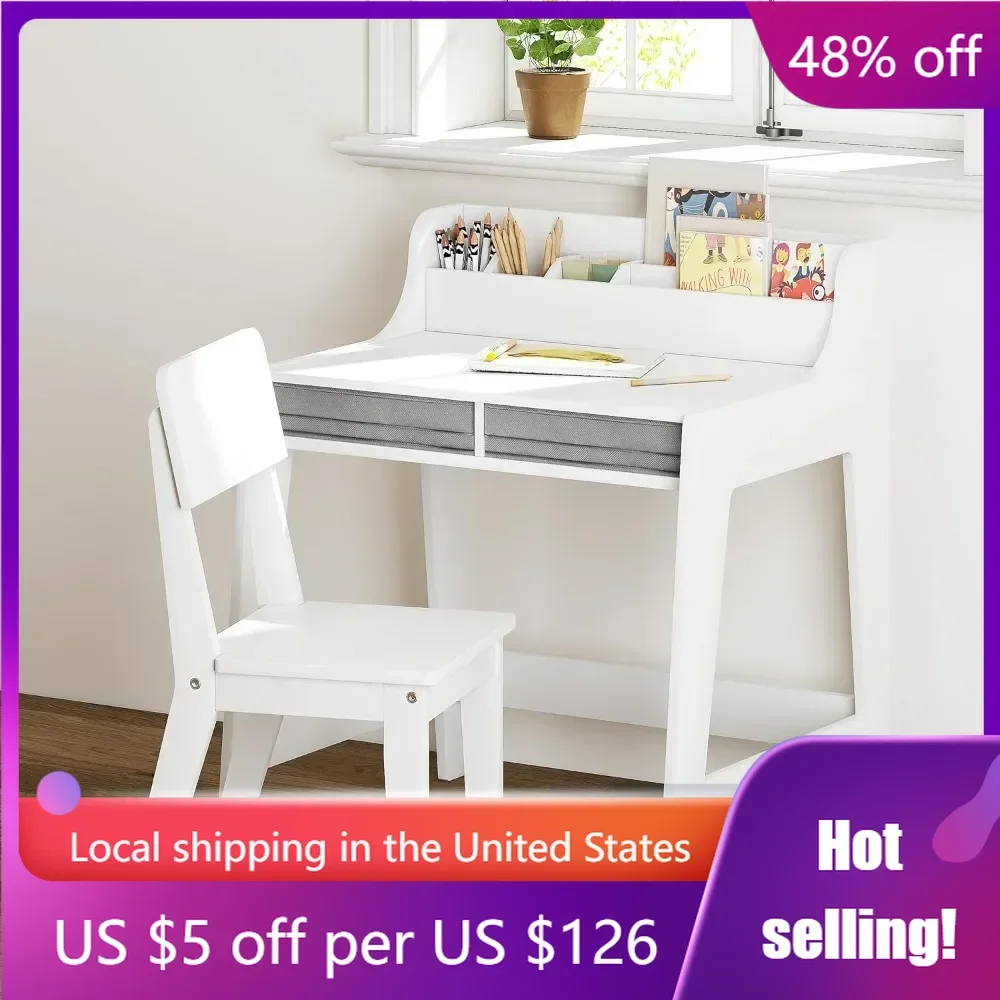 Kids Desk and Chair Set, Wooden Study Desk for Kids with Storage bins, Student Writing Desk for Bedroom & Study Room