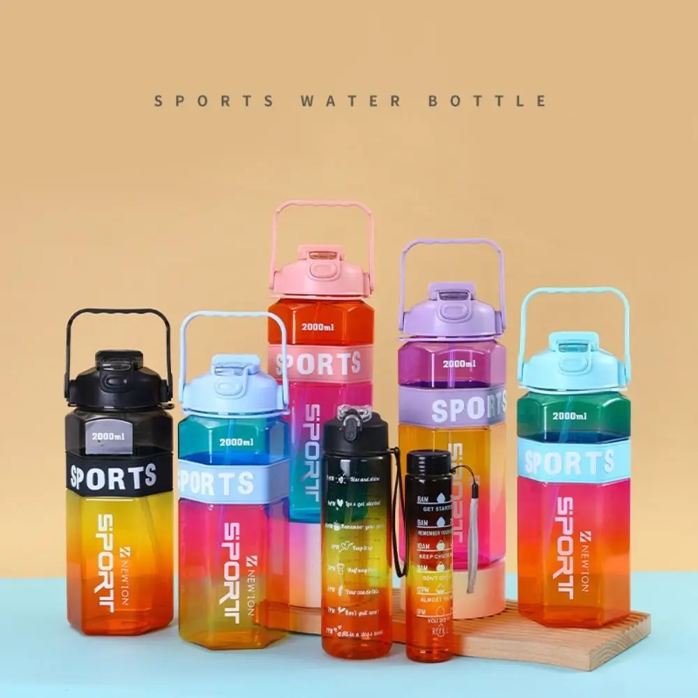 Three Piece Set Sports Water Bottle Set Hexagon Large Capacity Leak Proof Colorful Cup Gradient Color with Straw