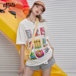 ELFSACK 2024 Summer New Arrivals White nine-square print cute casual versatile loose short-sleeved T-shirt for women