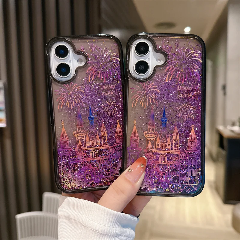 Dream Castle Quicksand Case 16 Cover for iPhone 16 15 14 Pro Max Hard Protective Funda Dynamic Liquid Glitter Sand Phone Shell