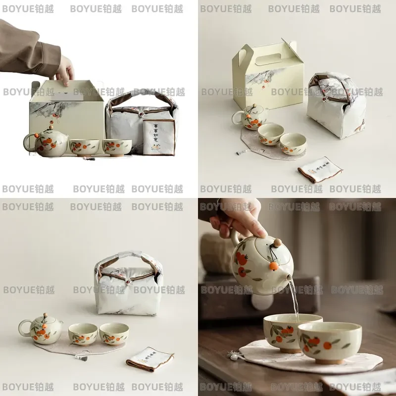 for New Chinese Hand-painted Tomato Persimmon Ruyi Cloth Bag Household High-end Ceramic Teacup Kung Fu Tea Set