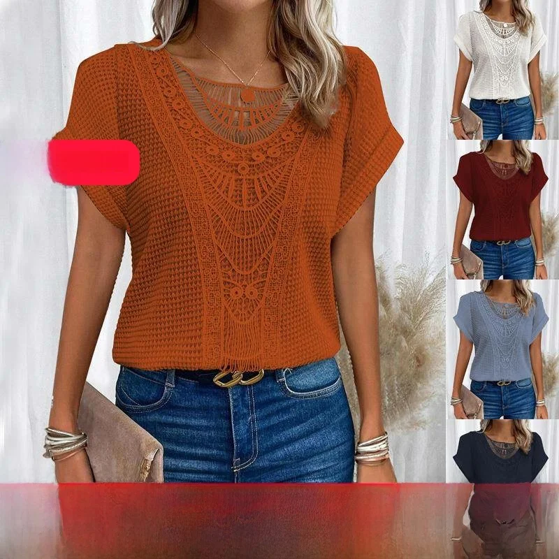 

New Women's Pure Color Printed Lace Stitching T-irt ort Sve Straight Cut Daily Wear Polyester Fabric Summer Top