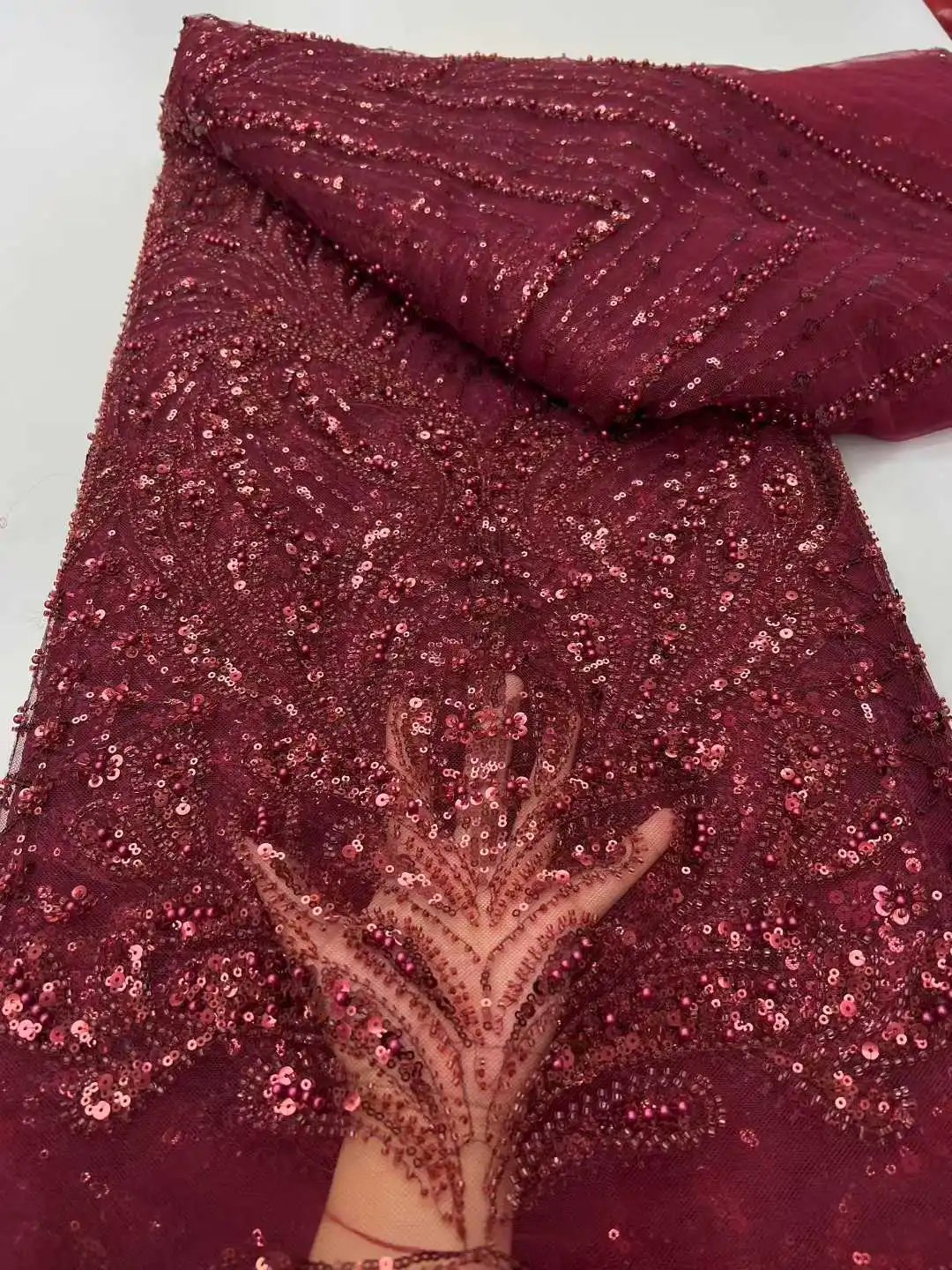 

Fashion African Sequins Tulle Embroidered Groom Lace Fabric Beaded High Quality for Nigerian Wedding Dress