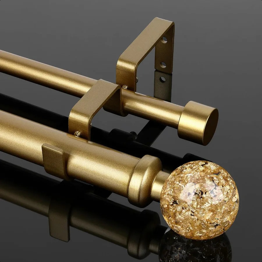 

Gold Double Curtain Rod for Windows 72 to 144 Inch 6 to 12ft Heavy Duty Adjustable Dual Drapery Rod with Crystal Ball Finials