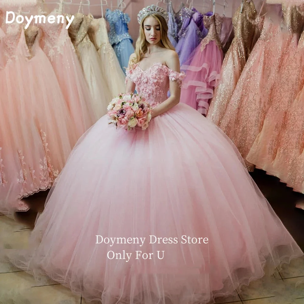 Doymeny 3D Flowers Pearls Quinceanera Dresses Off Shoulder Floor Length Tulle Formal Evening Dress vestidos de fiesta