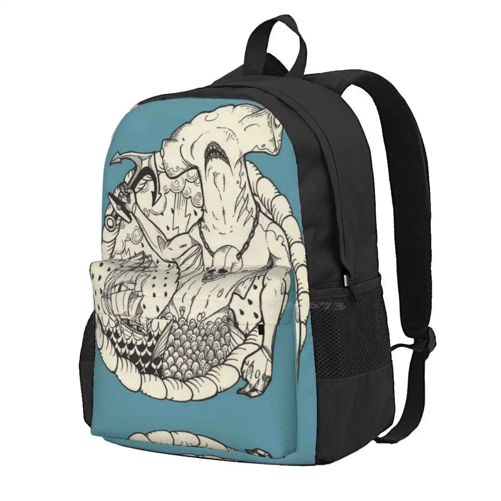 Sirène_04. Hot Sale Schoolbag Backpack Fashion Bags Shark Mermaid Triton Ship Pirate Anchor Joreeman Tattoo Skull Wave