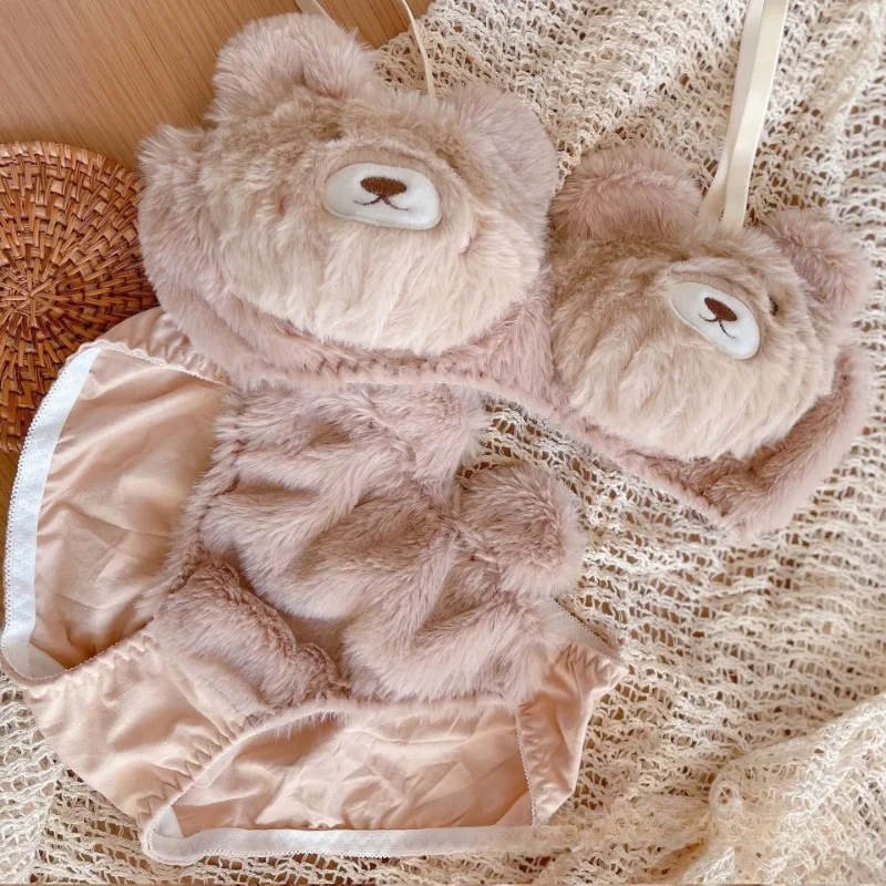 QQ Bra Sets Cute Women's Intimates Plush No Steel Ring Push Up Bra Brief Sets Sweet Bear Lolita Fall Winter Velvet Underwear