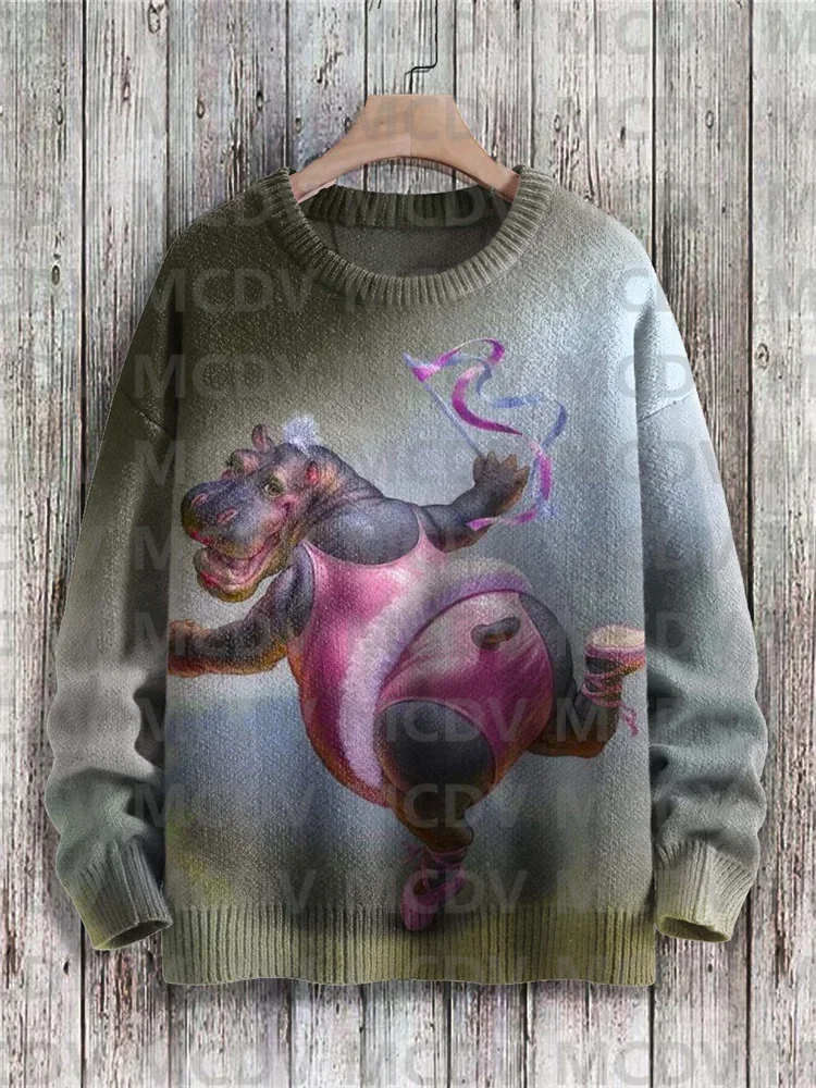 Funny Hippopotamus Watercolor Art Print Knit Pullover Sweater Men's For Women's Pullover