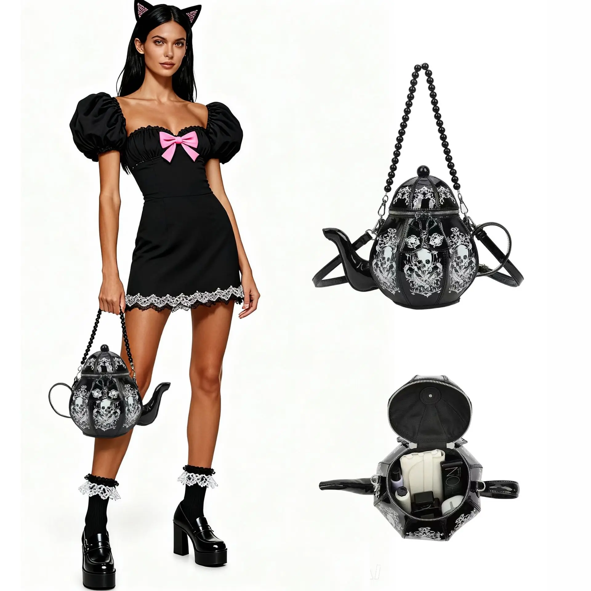 

Women's Gothic Skull Print Teapot Shaped Handbag Cute Pearl Chain Shoulder Bag Creative Crossbody Bag Personalized Handbag