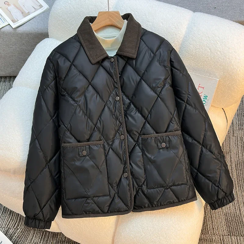 Diamond Grid Lapels Cotton Coat Loose Single Breasted Color Blocking Autumn Winter Jacket  Big Pockets Commute Women's Clothing