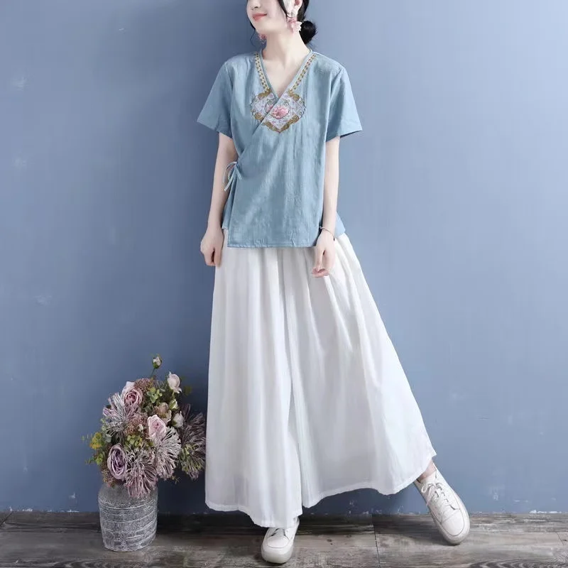 

Cotton Linen Embroidered Women's T Shirt V-Neck Chinese Traditional Style Oriental Dress Short Sleeve Hanfu T Shirt