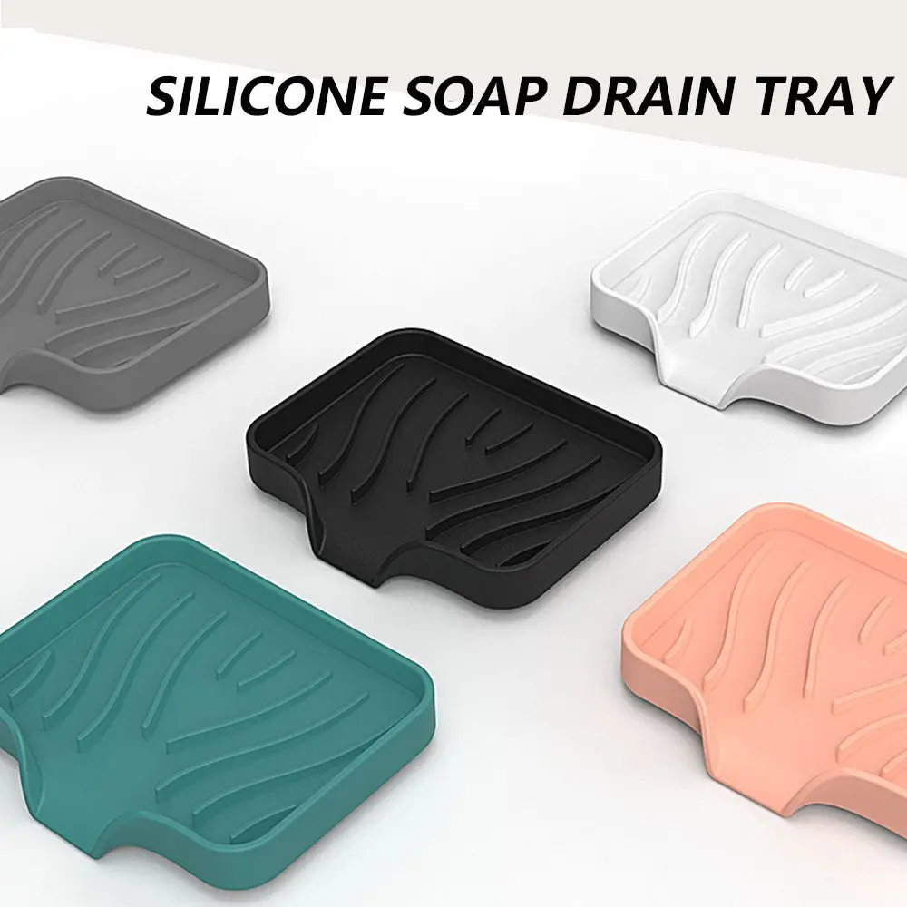 Silicone Kitchen Sink Tray Soap Dish Holder with Built-in Drain Lip Draining Countertop Sink Scrubber Brush Sponge