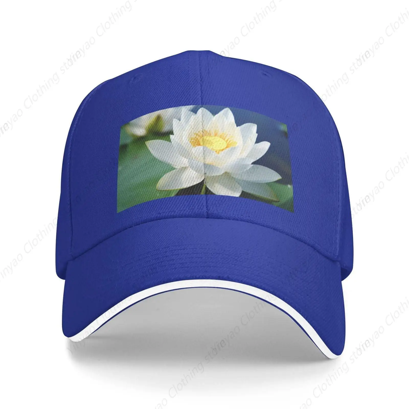 

Men's And Women's Baseball Caps White Lotus Print Fashionable Dad Truck Hat Adjustable Sandwich Duckbill Cap