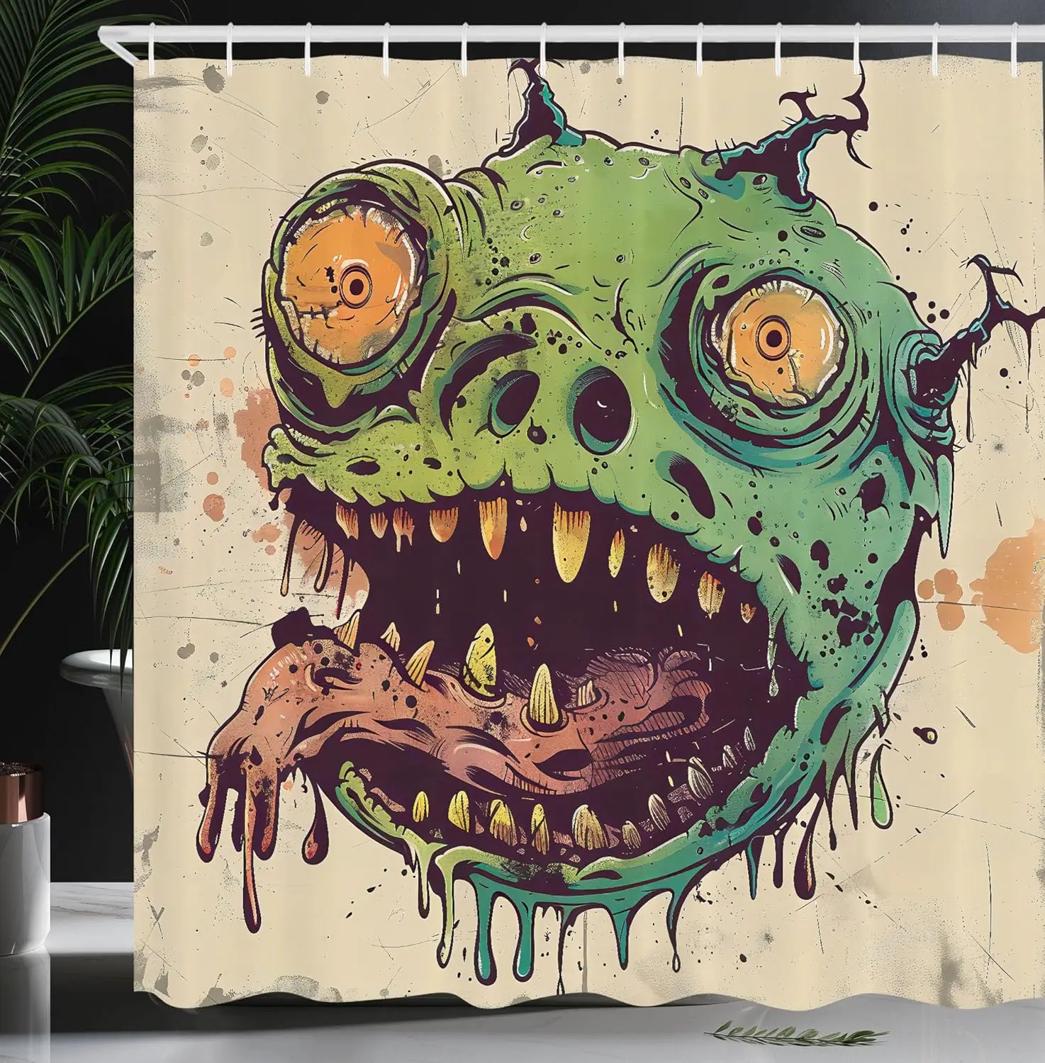 

Vintage Cartoon Monster Shower Curtain Grunge Punk Character Spooky Party Green Eggplant Beige Bathroom Decor Hooks