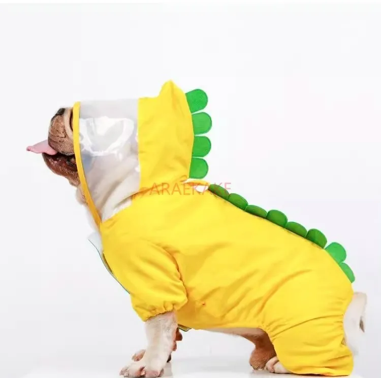 Pet dog outdoor waterproof cartoon dinosaur shaped raincoat with four legs, rain coat, windproof coat, French bucket, Shiba Inu,