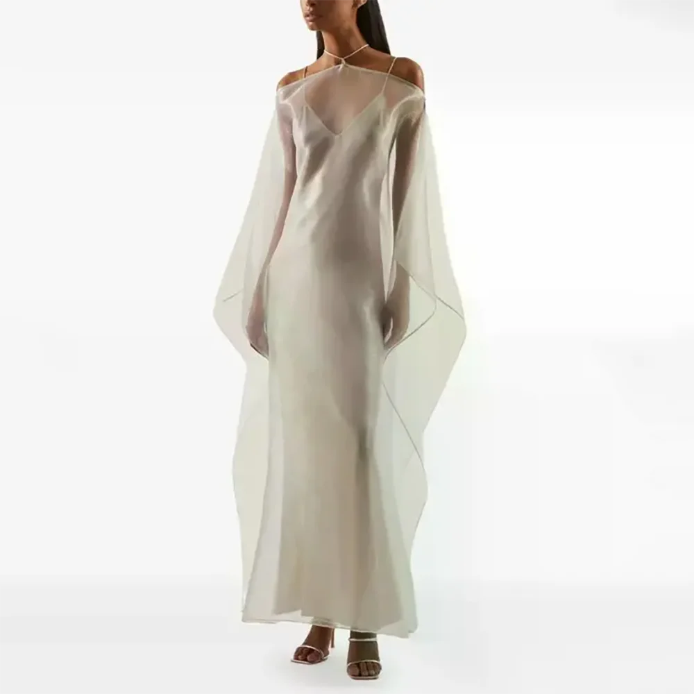 

Organza Overlay Dress Women Sheer Off-the-shoulder Neckline Sleeveless Dress Wedding Guest Formal Wear Lightweight Breathable