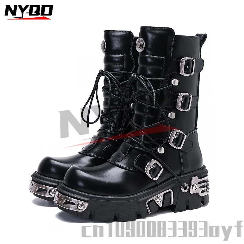 Retro High Boots for Men's and Women's Metal Motorcycle Boots Workwear Rock Thick Soled Boots Motorbike Racing Shoes