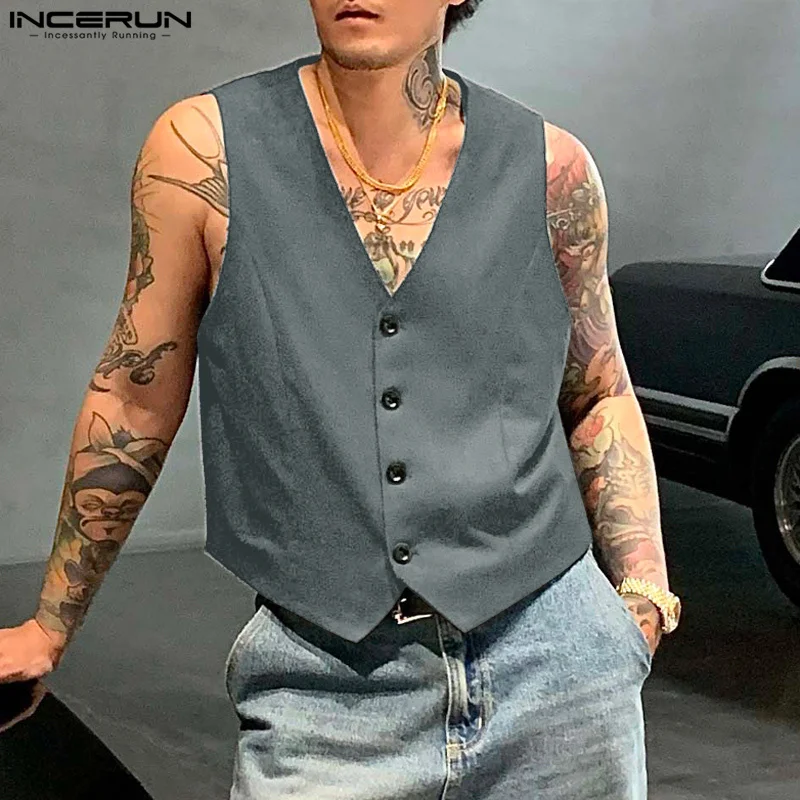 INCERUN-Chaleco con cuello en V para hombre, ropa de calle informal sin mangas, con botones, de Color sólido, S-5XL ocio, a la moda, 2024