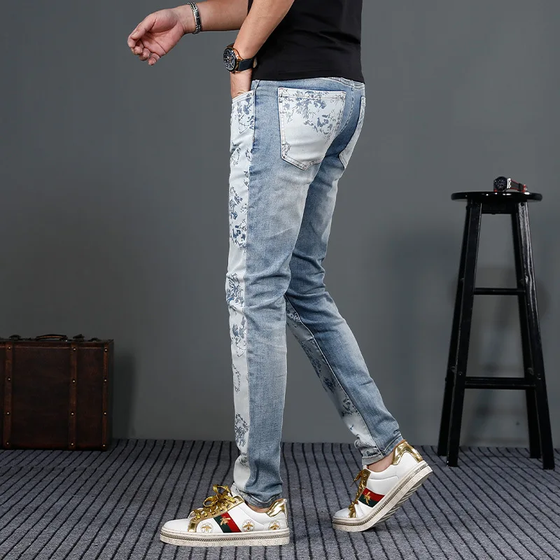 Jeans estampado high-end masculino, calça jeans stretch, ajuste justo, tendência da moda de luxo, leve, stretch, novo, 2024