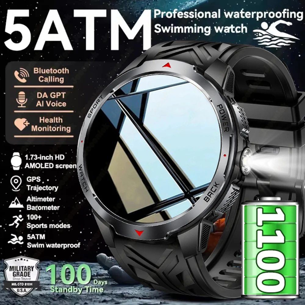 

2025 New 1100mAh Outdoor Sports Compass Smart Watch For Man LED Flashlight 5ATM Waterproof Smartwatch Bluetooth Call Men Watches