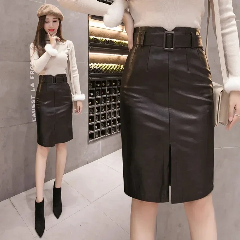 

Elegant Front Split Pu Leather Skirts Women Autumn Winter Sexy Slim Fit with Belt Midi Skirt 2023 Black High Waist Pencil Skirt