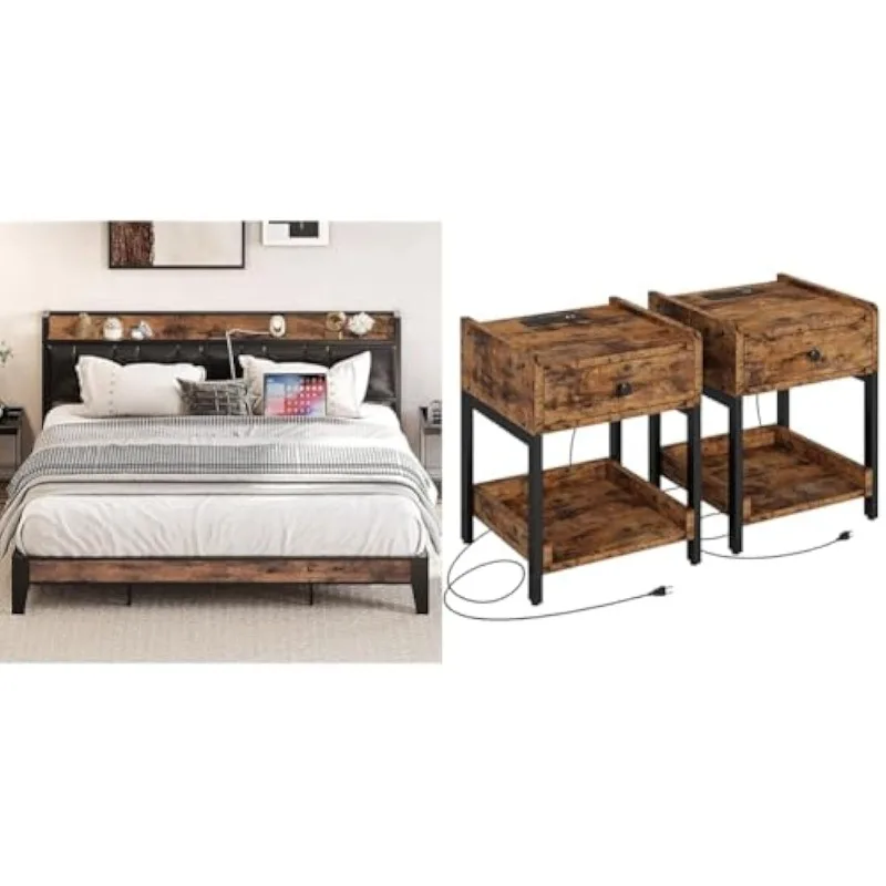 

King Bed Frame with Storage Headboard and Charging Station, Set of 2 Nightstands with Drawers, Shelves and Charging Stat