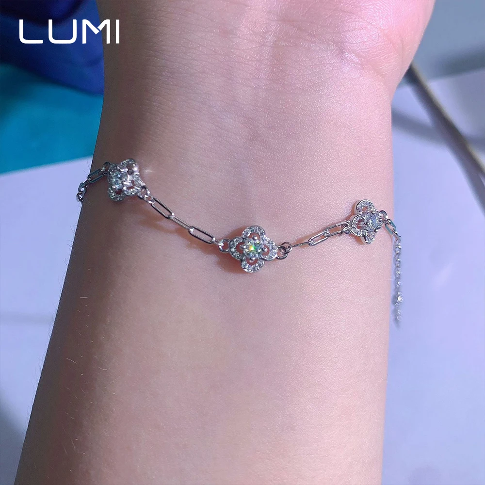 

0,2 карата x 3 шт. муассанит элегантный четырехлистный клевер S925 серебряный браслет регулируемый для модных офисных женщин аксессуар для поездок на работу