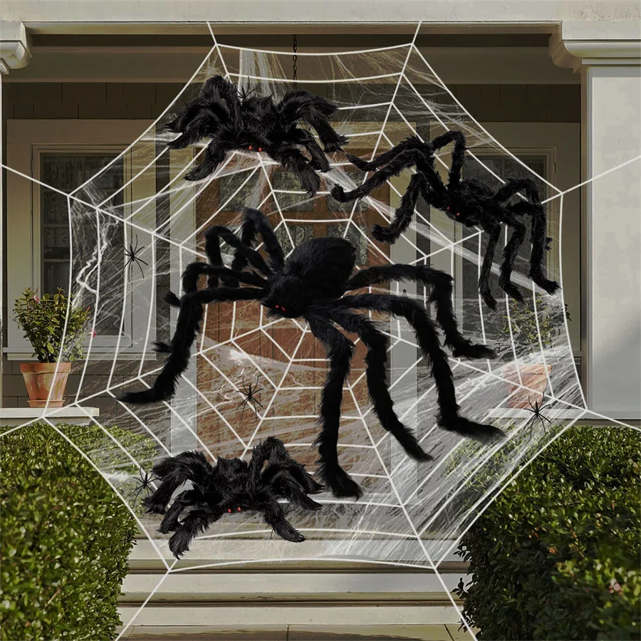 30/90/150cm Halloween Black Scary Giant Spider Huge Spider Web Halloween Decor Home Bar Haunted House Prop Holiday Outdoor Decor