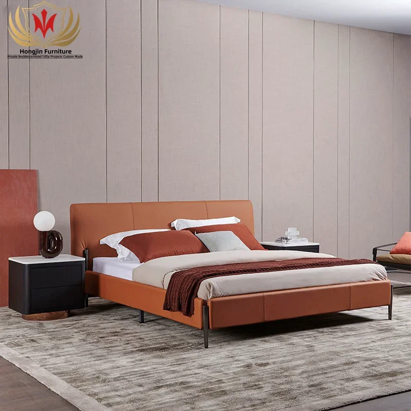 HJ HOM Luxury Modern Bedroom Furniture Set Solid Wood Metal Double Bed Classic Leather King Size Bed For Home Hotel