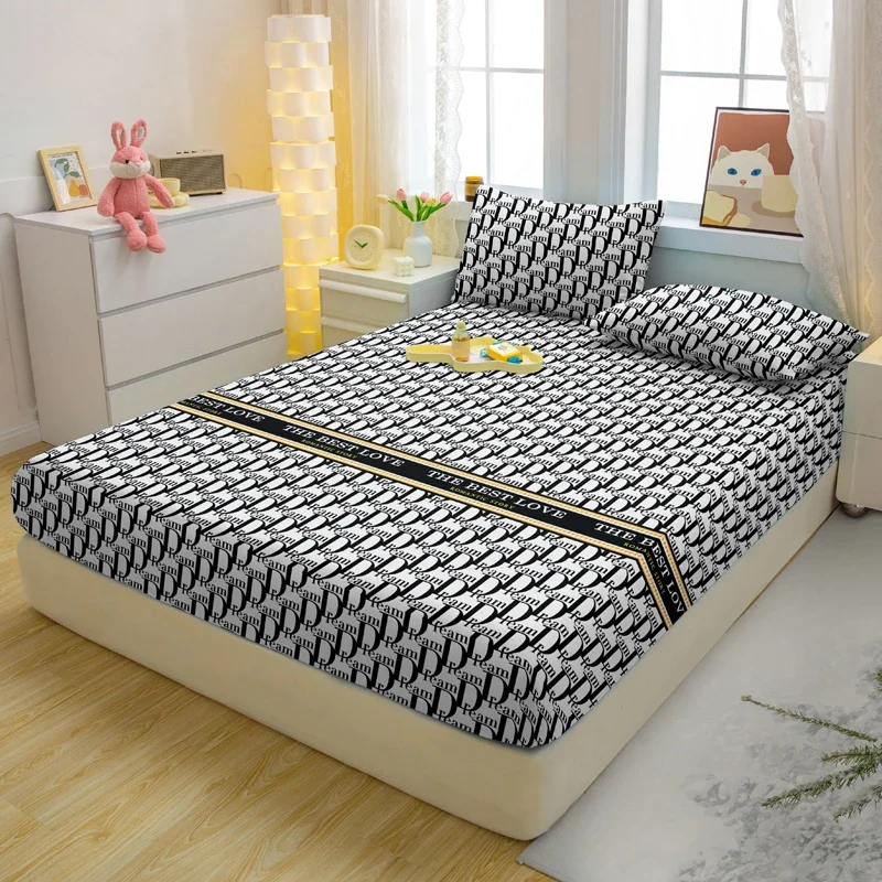 1 Simple Modern Letter Printed Matte Fitted Sheet, Bedroom Printed Bed Cover, Bedding (Excluding Pillowcases)